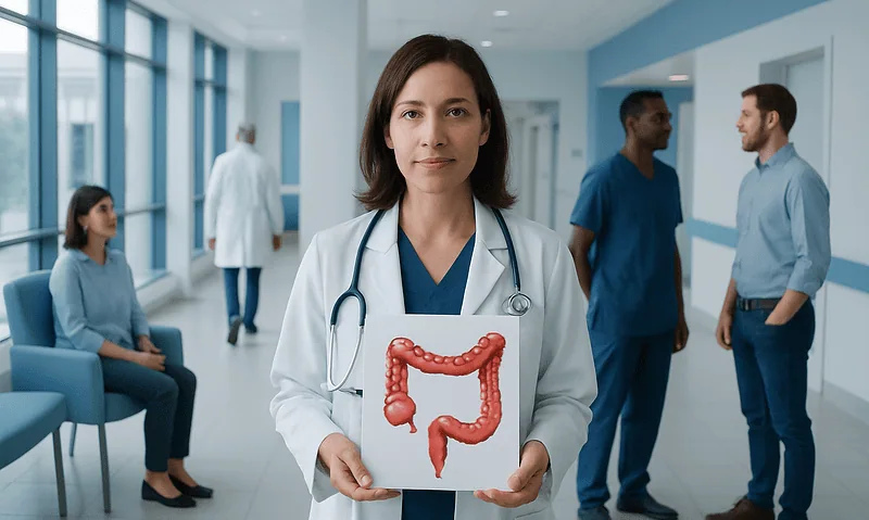 Doctor holding a model of the sigmoid colon in a hospital corridor.