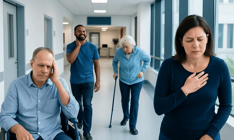 Patients experiencing chest pain in a hospital corridor.