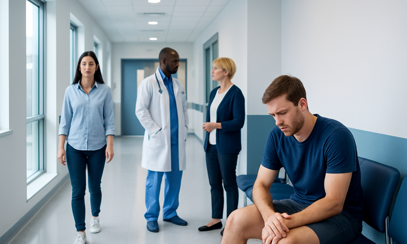 Patient with knee pain in hospital corridor with medical staff nearby.