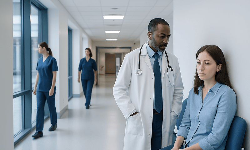 Doctor consulting a patient in a hospital corridor with nurses in the background.