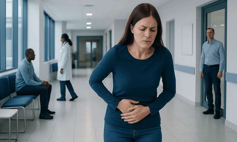 Woman with stomach pain in hospital corridor.