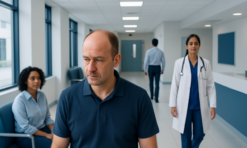 Man with hair loss in hospital corridor, seeking treatment options.