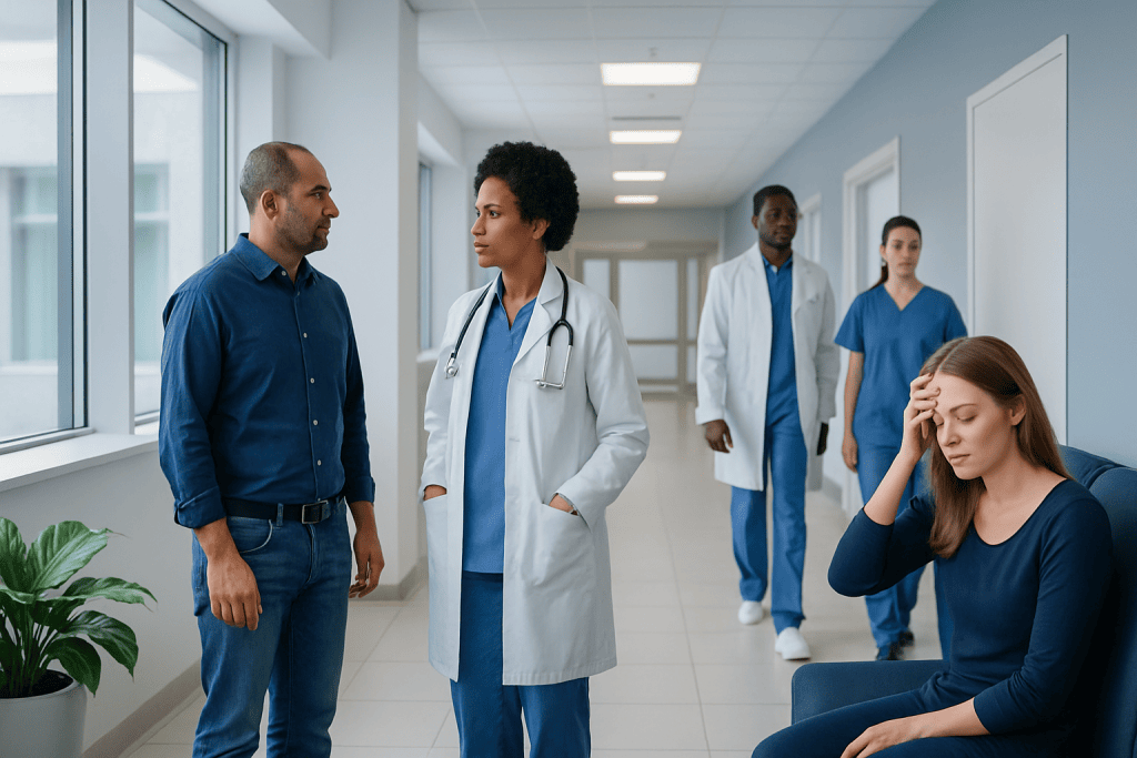 Signs of fever: Symptoms, Causes, and Treatment — Complete Patient Guide 1 Medical team discussing patient care in hospital corridor.