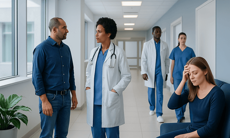 Medical team discussing patient care in hospital corridor.
