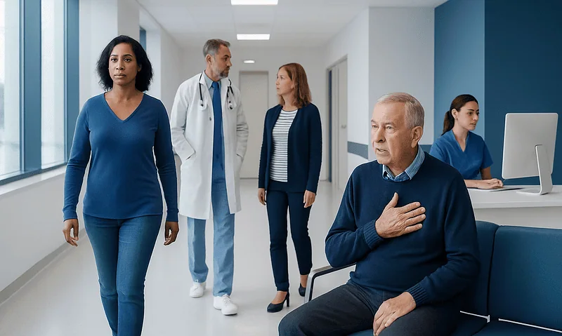 Senior man experiencing chest discomfort in hospital waiting area.