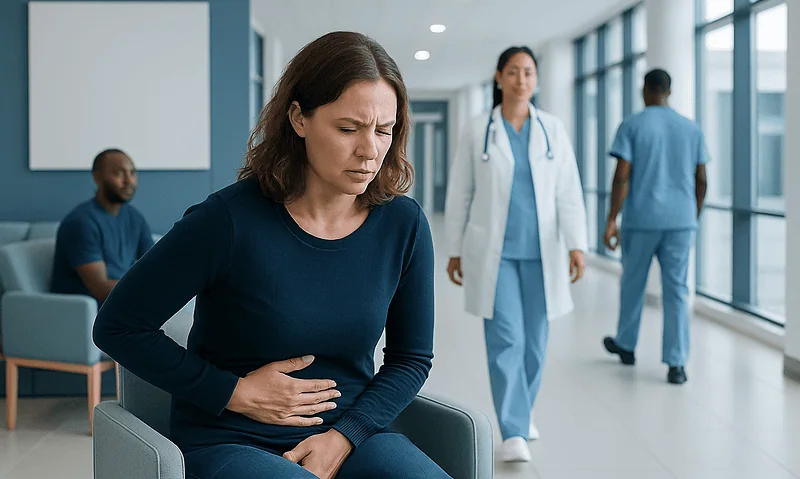 Woman with stomach pain in hospital corridor with medical staff nearby.