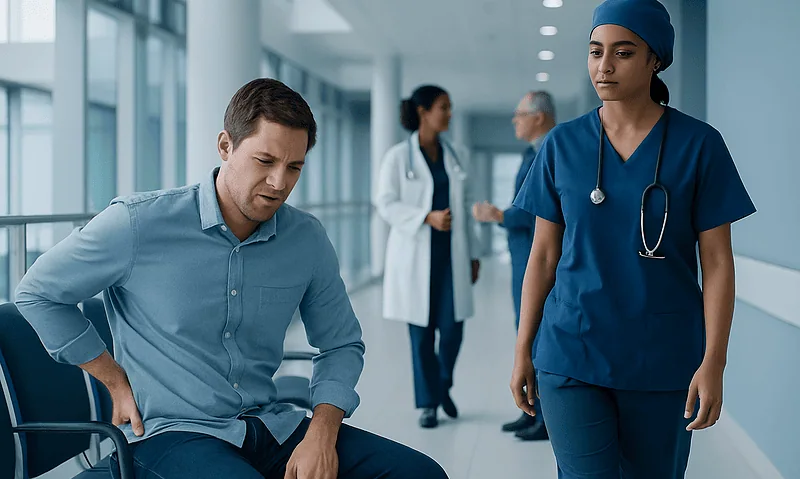 Patient experiencing lower back pain in hospital corridor.