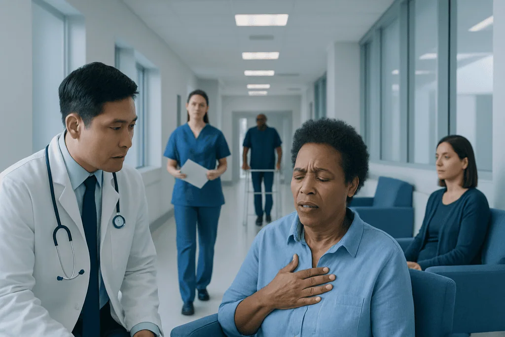 Signs of Pneumonia: Possible Causes and When to Seek Care 1 Doctor examining a woman with chest pain in a hospital corridor.