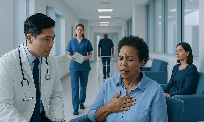 Doctor examining a woman with chest pain in a hospital corridor.