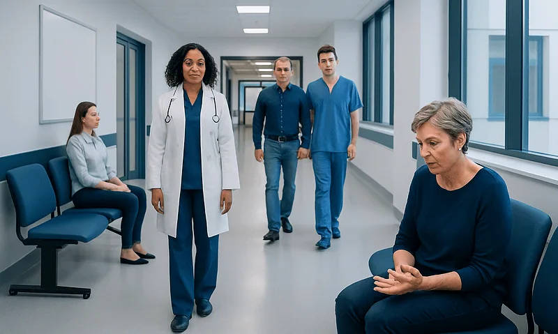 Medical team consulting with patient in hospital corridor.