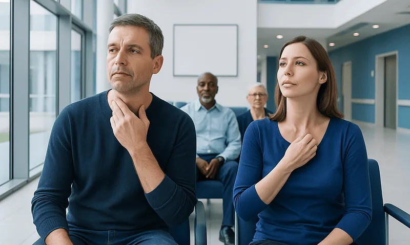 People attending a health seminar or support group in a modern clinic.