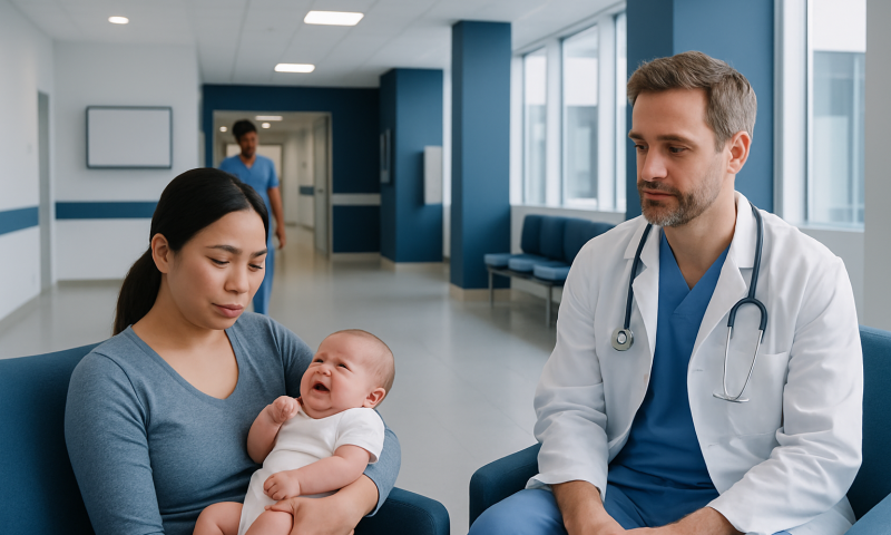 Doctor consulting with mother and crying baby in hospital waiting area.