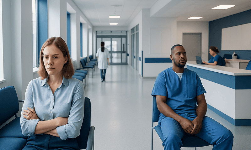 Patients waiting in hospital corridor at Acibadem Hospitals Group.