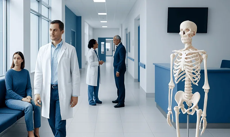 Medical professionals and patient in hospital corridor with skeleton model.