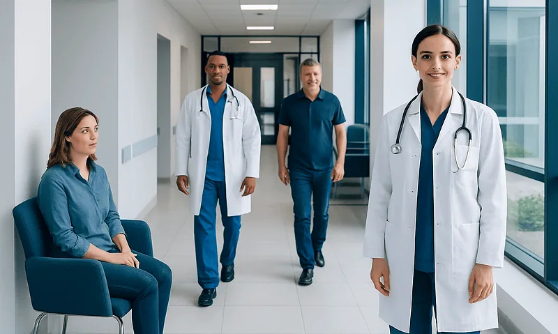 Skene's Gland: What Patients Need to Know 5 Healthcare professionals and patient in hospital corridor at Acibadem Hospitals Group.