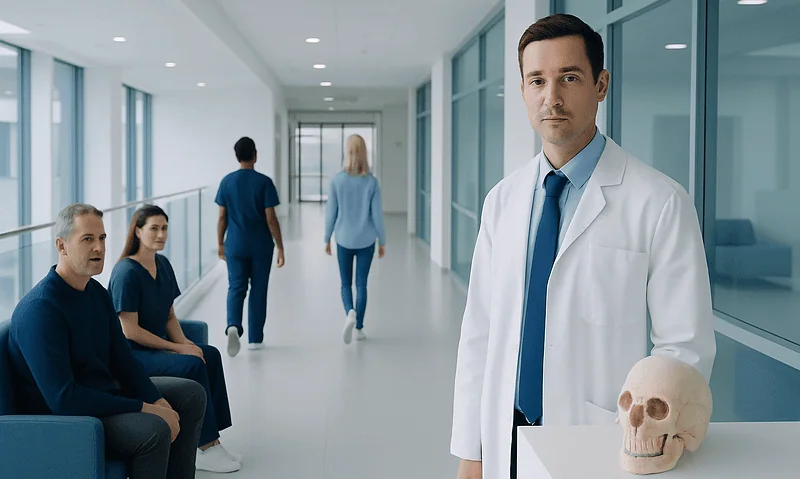 Medical professional holding a skull model in a hospital corridor.
