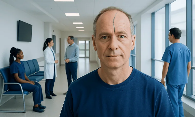 Doctor with a visible forehead vein in a hospital corridor.