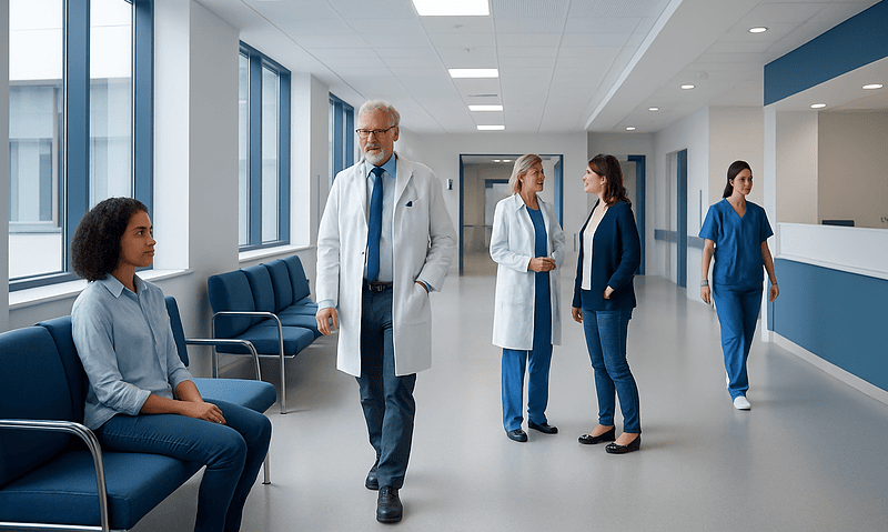 Medical team consulting in a modern hospital corridor with patient.