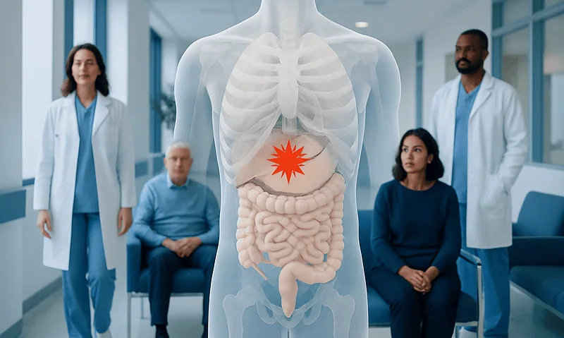 Medical illustration of the human digestive system with abdominal pain icon.