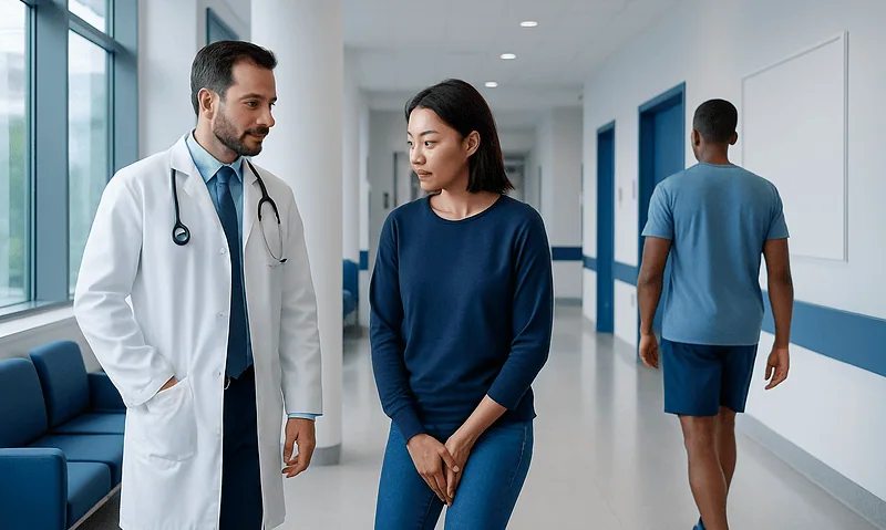 Doctor consulting with a patient in a hospital corridor.