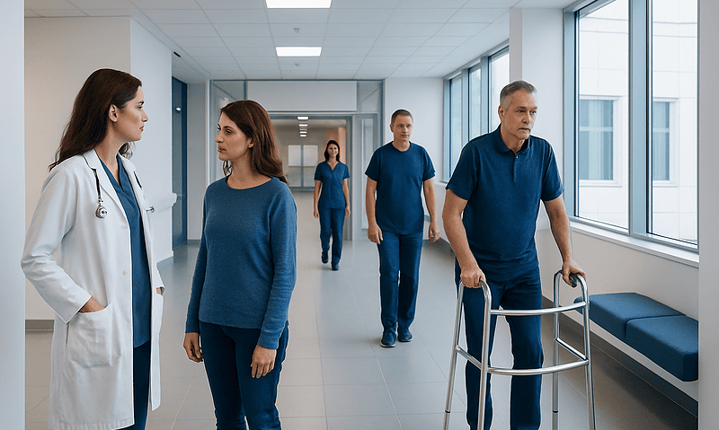 Medical professionals and patients in a hospital corridor.
