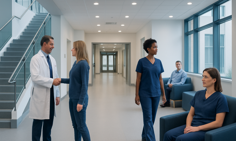 Healthcare professionals and patients in a modern hospital corridor.