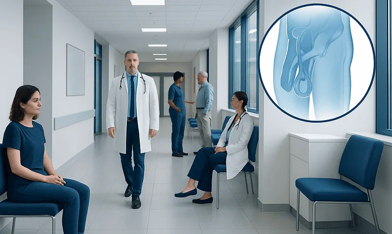 Medical consultation in a hospital corridor with an anatomical illustration of the spermatic cord.