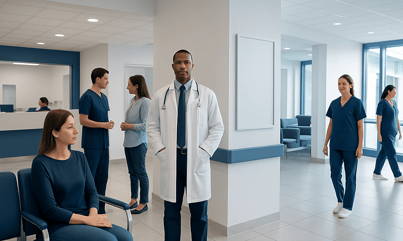 Healthcare professionals and patients in a modern hospital corridor.