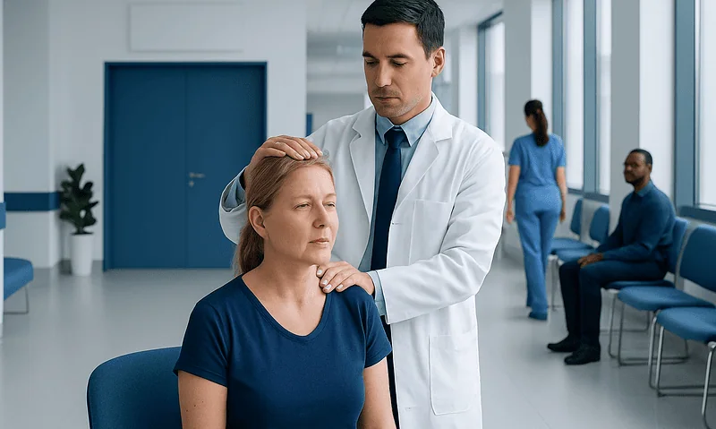 Doctor examining a woman's neck in a hospital corridor.