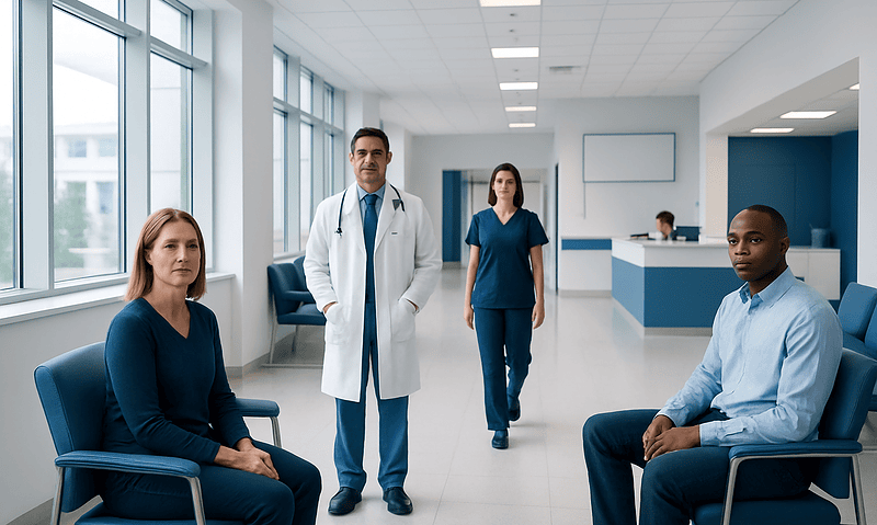 Medical consultation at Acibadem Hospital with diverse healthcare professionals.