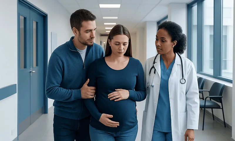 Pregnant woman with partner and doctor in hospital corridor.