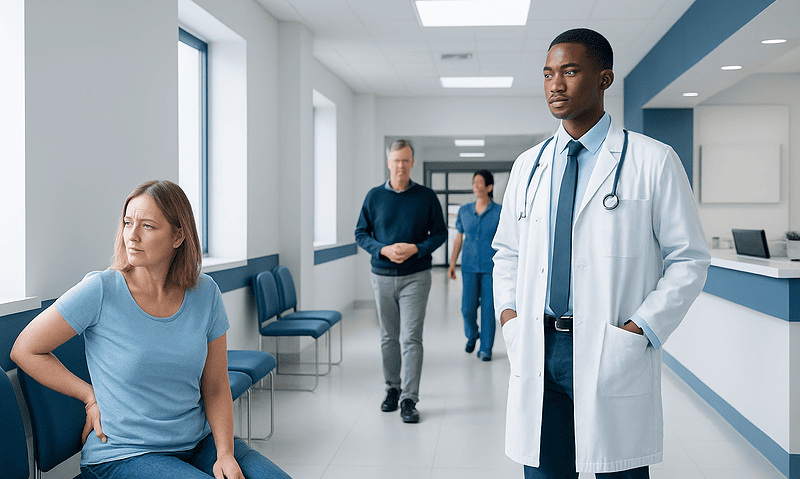 Patient waiting in hospital corridor with doctor and staff nearby.