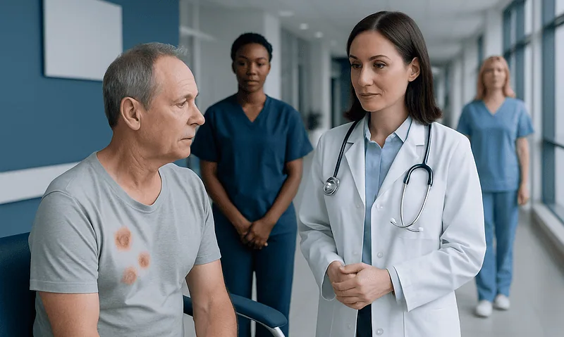 Stages of Shingles Rash Pictures Explained: Common Triggers and Red Flags 17 Doctor consulting with patient in hospital corridor at Acibadem Hospitals.