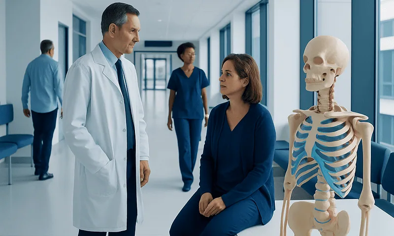 Doctor discussing with patient in hospital corridor with skeleton model nearby.
