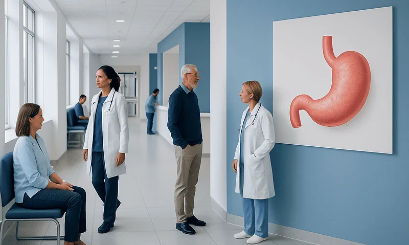 Doctors and patients in a hospital corridor with stomach diagram on wall.