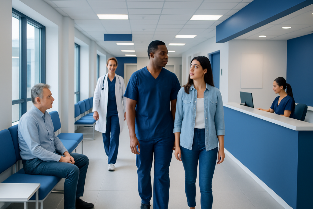 Stop Start Method for Premature Ejaculation: An Evidence-Based Guide for Patients 1 Patients and medical staff in a hospital corridor at Acibadem Hospitals Group.