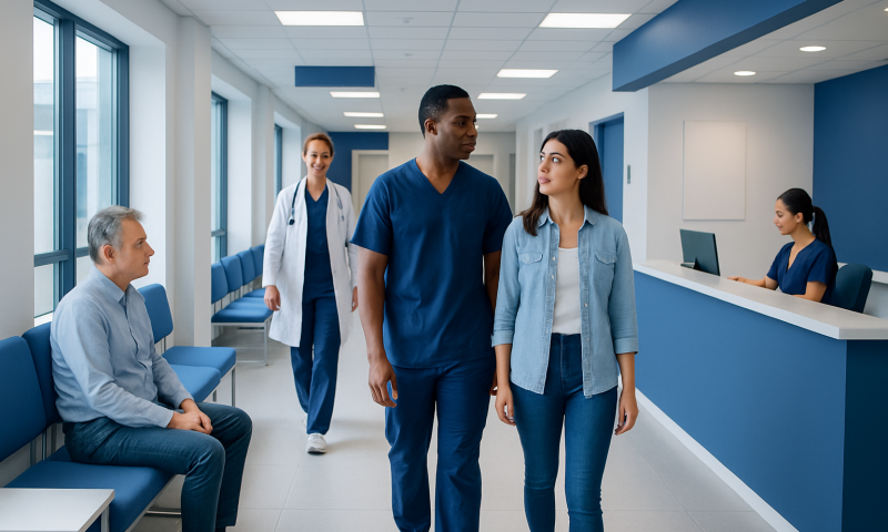 Patients and medical staff in a hospital corridor at Acibadem Hospitals Group.