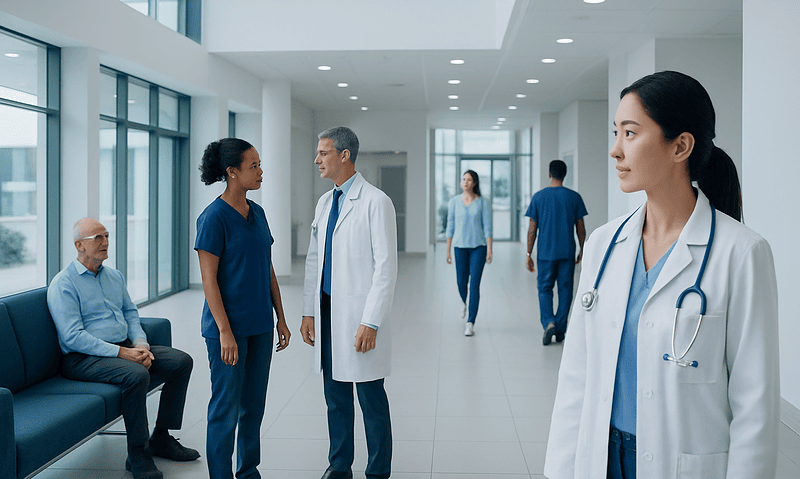 Stratum Corneum: An Evidence-Based Guide for Patients 5 Healthcare professionals and patients in a modern hospital corridor.