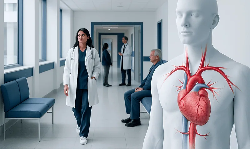 Medical professionals in a hospital corridor with a heart model.