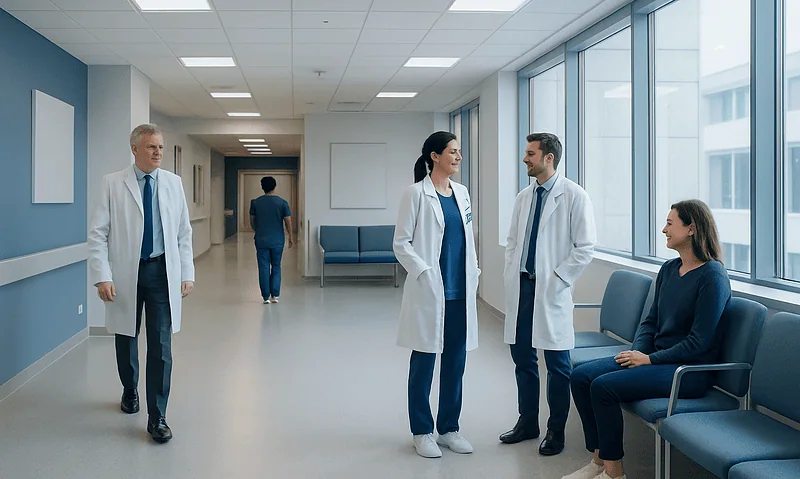 Medical team discussing patient care in hospital corridor.