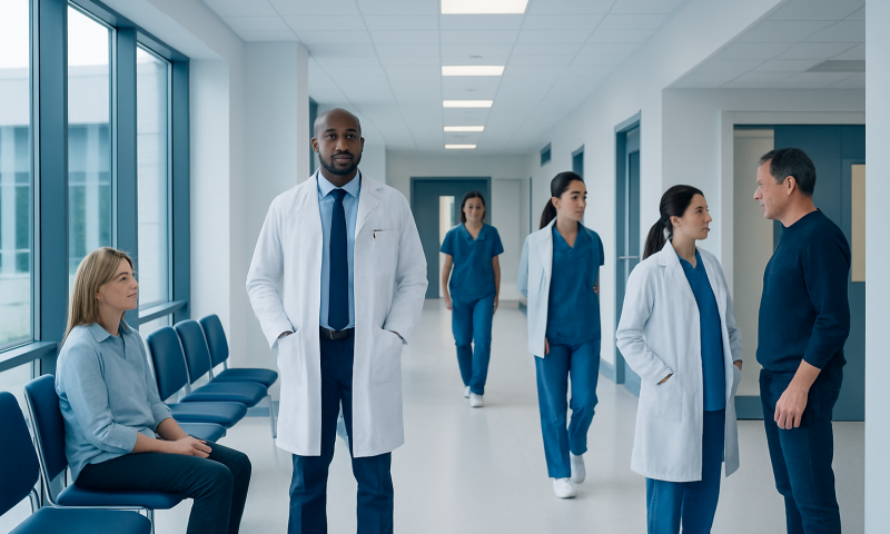 Medical team in hospital corridor preparing for patient care.