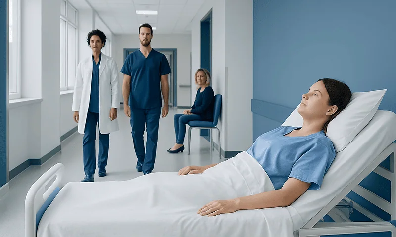 Patient in hospital bed with medical team in a modern hospital corridor.