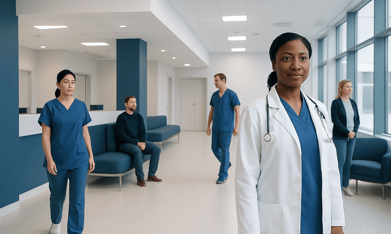 Diverse medical team in hospital corridor at Acibadem Hospitals Group.