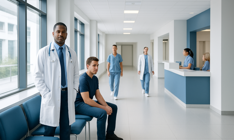 Medical staff in hospital corridor with patients and reception area.