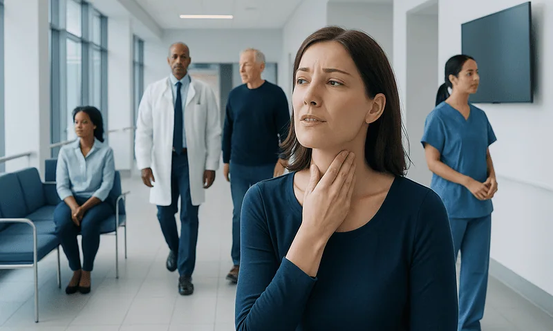 Woman experiencing neck discomfort in a hospital corridor with medical staff nearby.