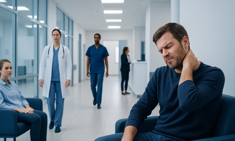 Man experiencing neck pain in a hospital corridor with medical staff nearby.
