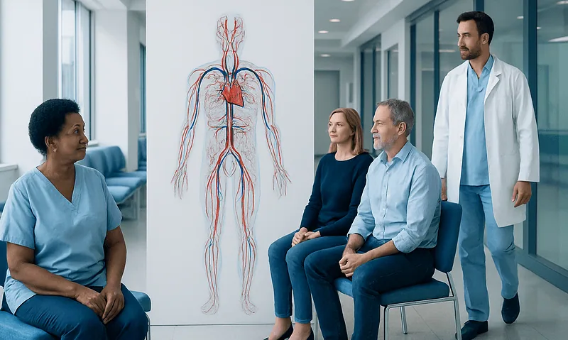 Medical team discussing blood circulation diagram in hospital corridor.