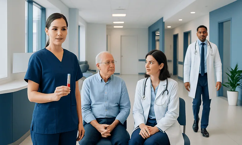 Healthcare professionals and patient in a hospital corridor.