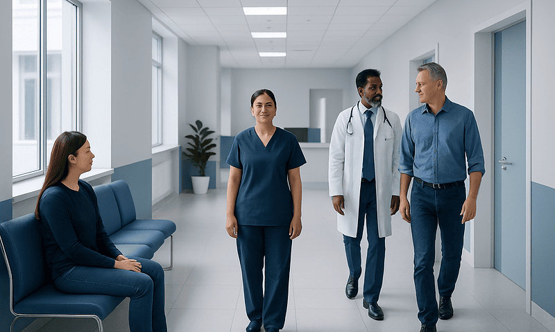 Medical professionals and patient in a hospital corridor at Acibadem Hospitals Group.