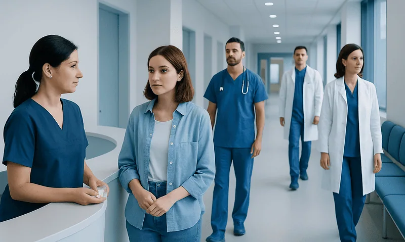 Medical team in hospital corridor discussing patient care.